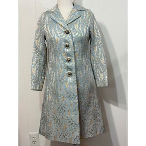 Vintage Blue & Gold Brocade Coat | Statement Mid-Length Jacket Small